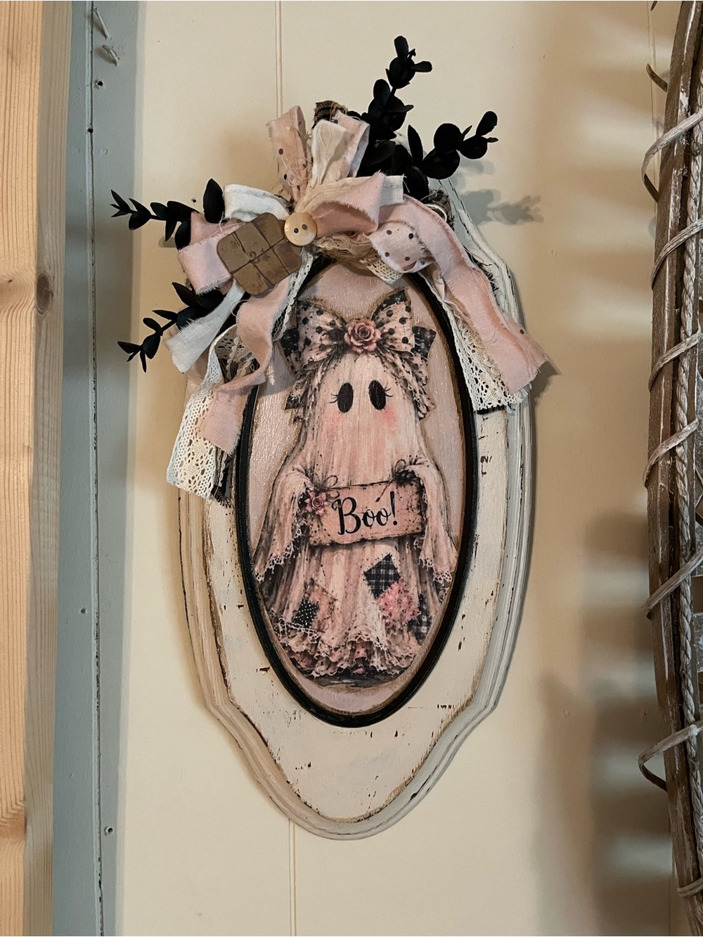 Hand Crafted Pink & Cream Boo Ghost Wall Plaque